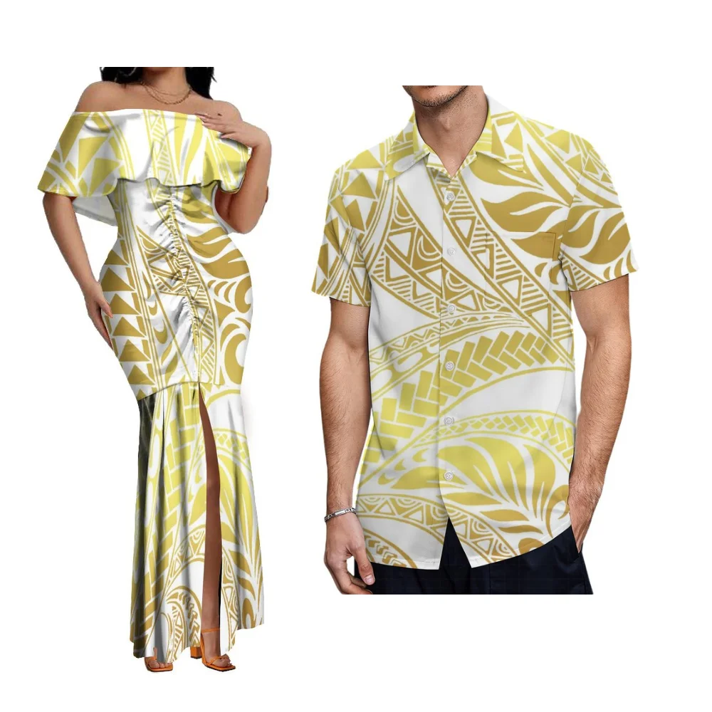 Summer Island-Style Couple Sets Women'S One-Shoulder Floor-Length Fishtail Dress Polynesian Island Samoan And Men'S Aloha Shirt
