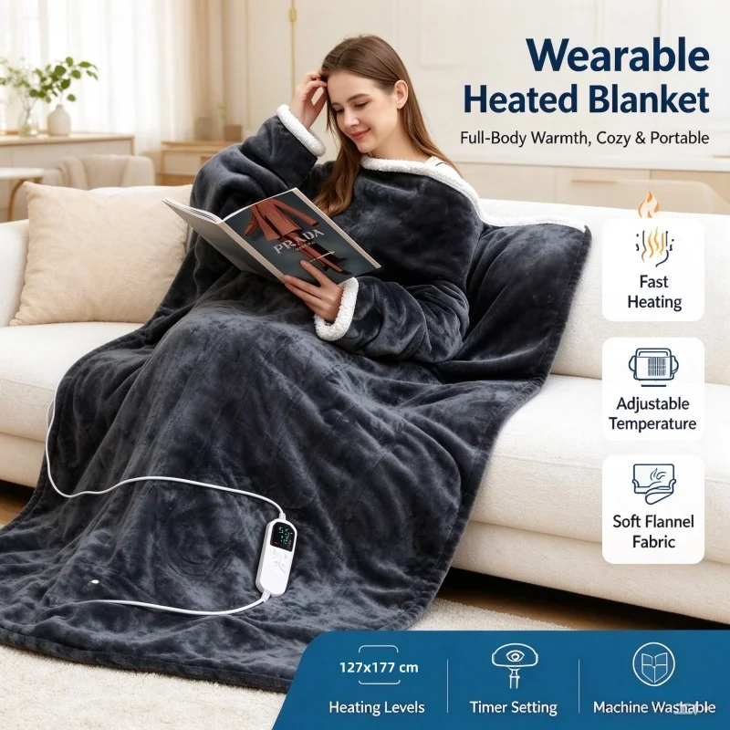 Wearable Electric Heating Blanket with Sleeves Flannel Heating Blanket | Multi Temperature Control Washable Winter Home Heater