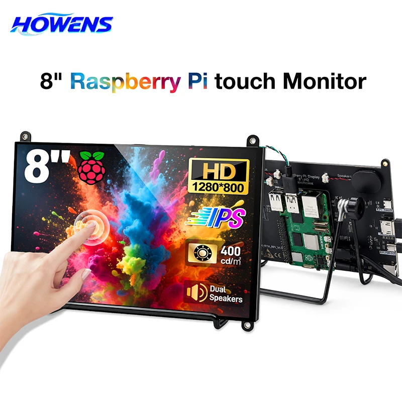 8 Inch IPS Capacitive Touch Monitor 1280800 Display Built-in Speakers For Raspberry Pi 5 4B 3B Laptop PC Switch DIY Project