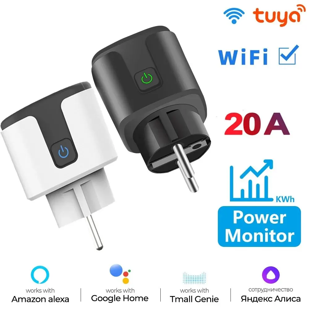 Prise de courant intelligente WiFi EU avec application Tuya, adaptateur 20A, moniteur d'alimentation, télécommande sans fil, compatible avec Google Home, Alexa