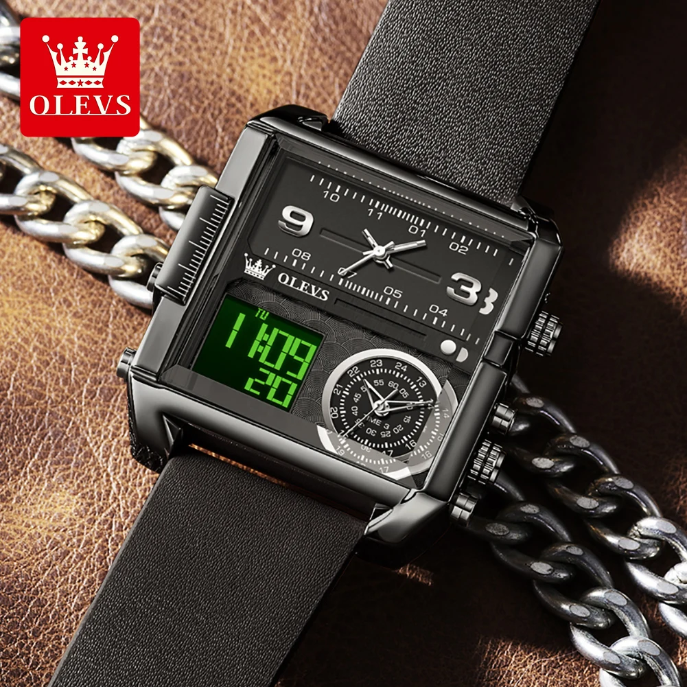 

OLEVS 1101 Quartz Movement Watch LED 30m Waterproof Square Dial Leather Strap 24-hour Display Alarm Set Dual Time Watch For Men