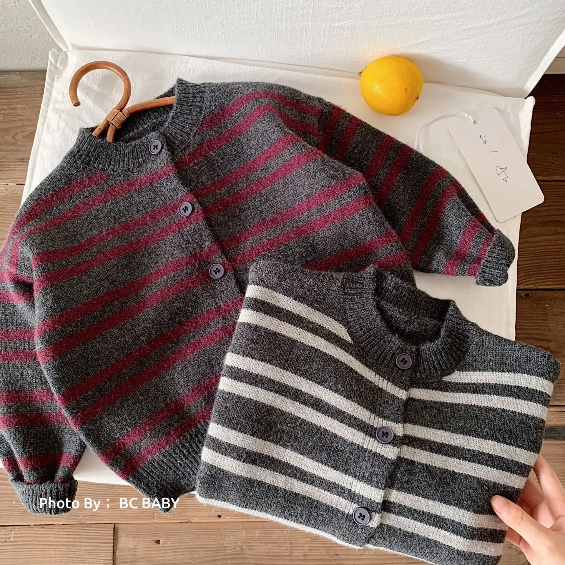 Boys' knitted cardigan 2026 autumn and winter new children's retro striped sweater jacket, boys' deep autumn top
