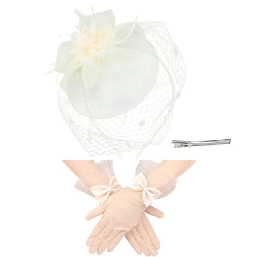 Fascinator Hat and Gloves Set Tea Party Accessories Weding Headwear for Girls and Women