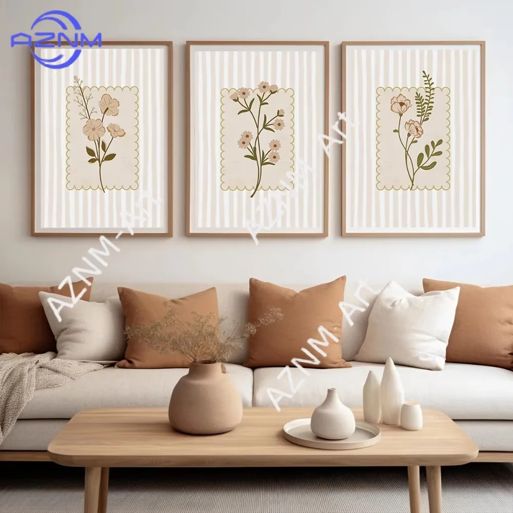 1 Stück/3 Stück Orange Gestreiftes Blumen-Leinwandposter Mittelgroßes Cottagecore Beige Wildblumen Gestreiftes Pflanzen-Wandkunstposter für Heimdekoration