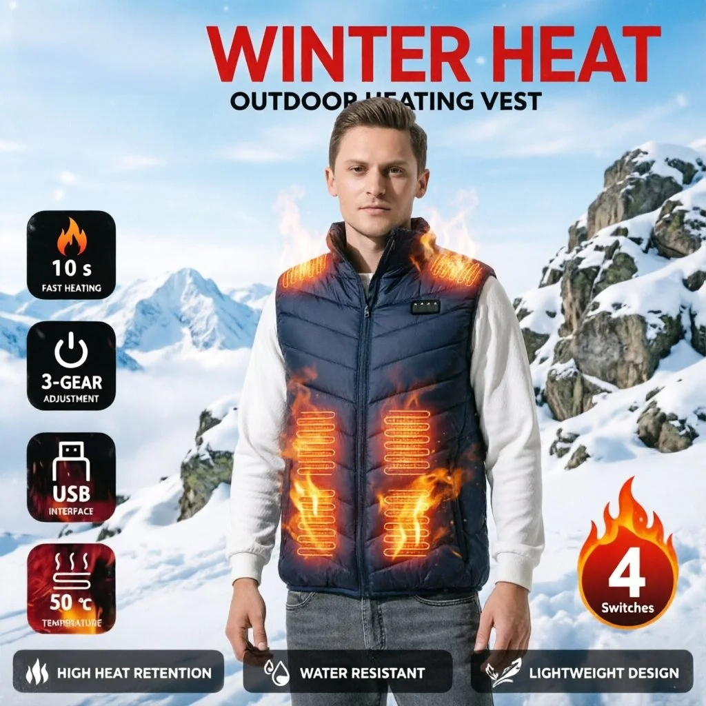 Men's Winter Electric Heated Vest USB Infrared 4-Switch 17-Zone Heating Jacket for Sports Hiking Oversized Waistcoat