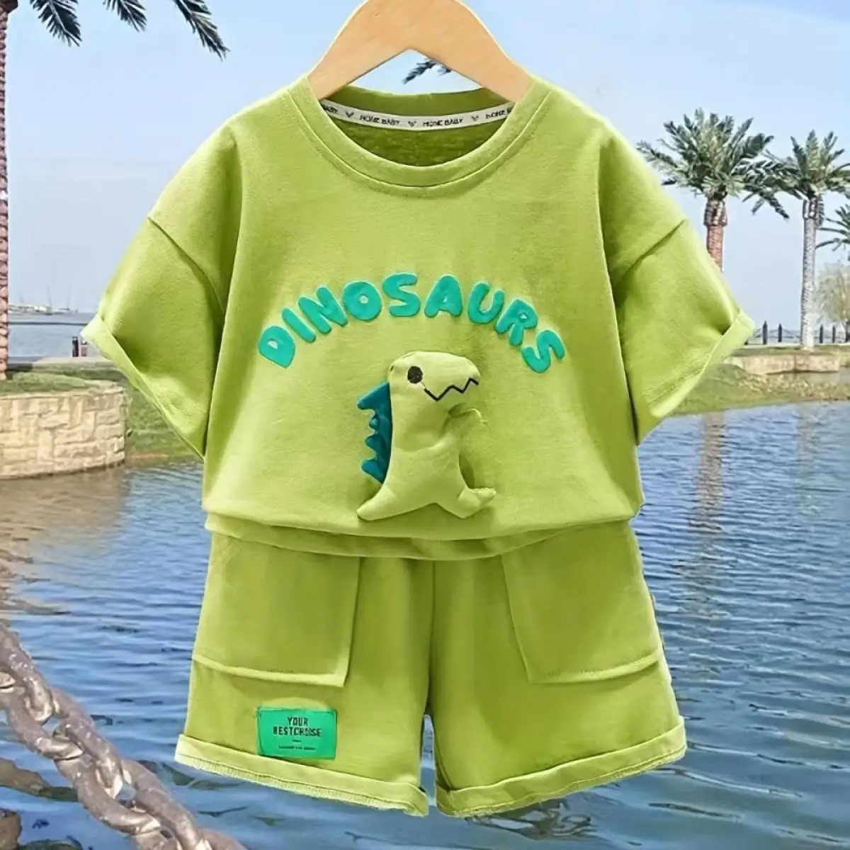Summer 3D Dinosaur Letter Printed Cartoon Cute Solid Color Fashionable Sports Short Sleeved Shorts Two-Piece Set