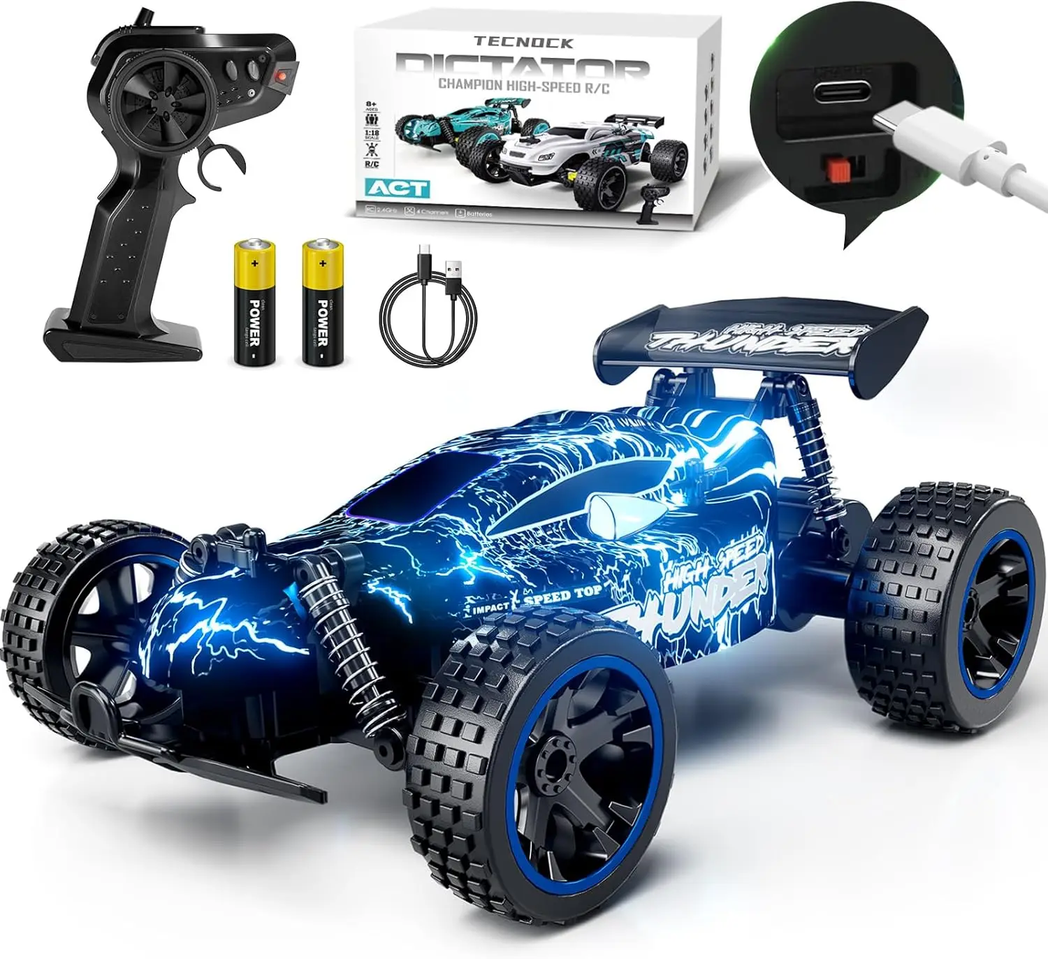 

RC Cars for Kids, 1:18 Scale 2WD RC Car with LED Lights, 2.4GHz Remote Control Car with USB-C Easy
