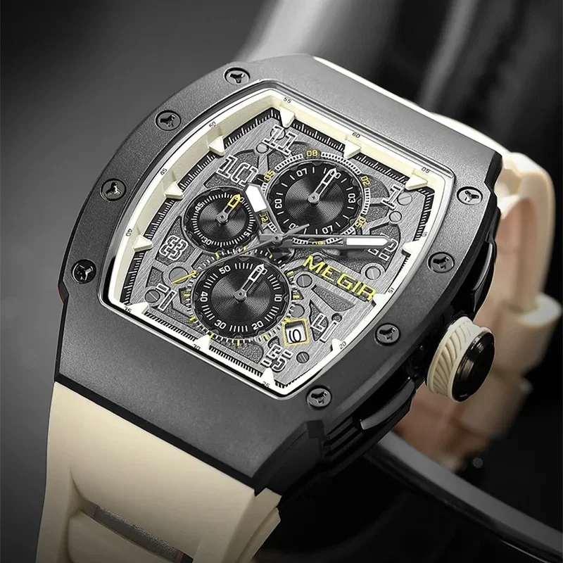 MEGIR 8411, мужские модные кварцевые часы, спортивные водонепроницаемые силиконовые ремешки, светящийся хронограф, роскошные часы для мужчин, reloj hombre