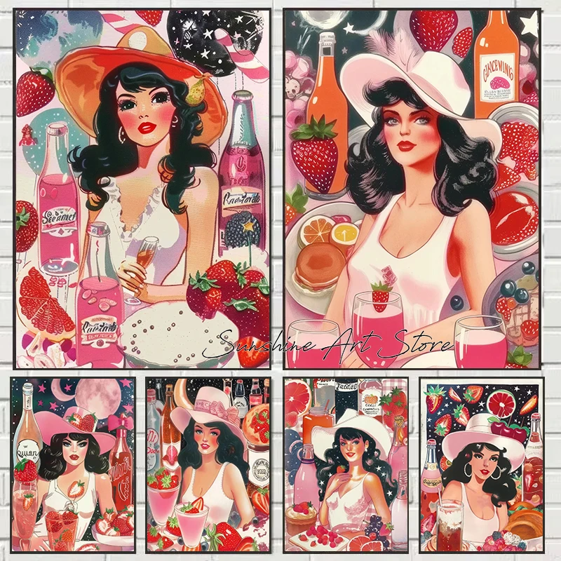 Pink Cowgirl Retro Western Strawberry 1950s Aesthetic Girly Western Pink Wall Art Poster Canvas Painting Wall Picture Home Decor