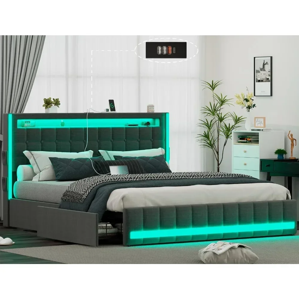 

LED Full Size Bed Frame with 4 Storage Drawers& Charging Station, Adjustable Headboard, No Box Spring Needed, Full Bed Frame