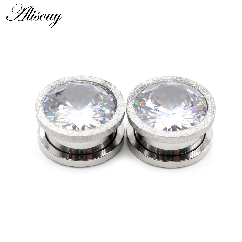 Alisouy 2pcs Stainless Steel Frosted Scrub Zirconia Crystal Ear Tunnels Plugs Expander Stretcher Gauges Body Piercing Jewelry