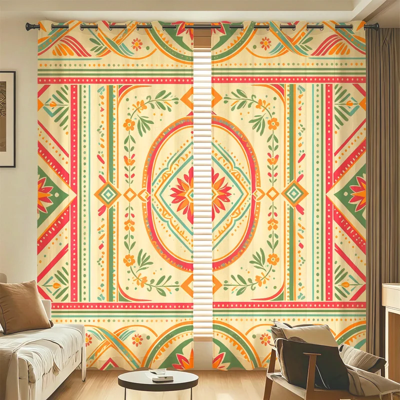 2Pcs Microfiber Curtain Set,Machine Washable,Easy Hanging & Installation,85% Light Blocking,Boho Pink Green Tribal Leaf Motif