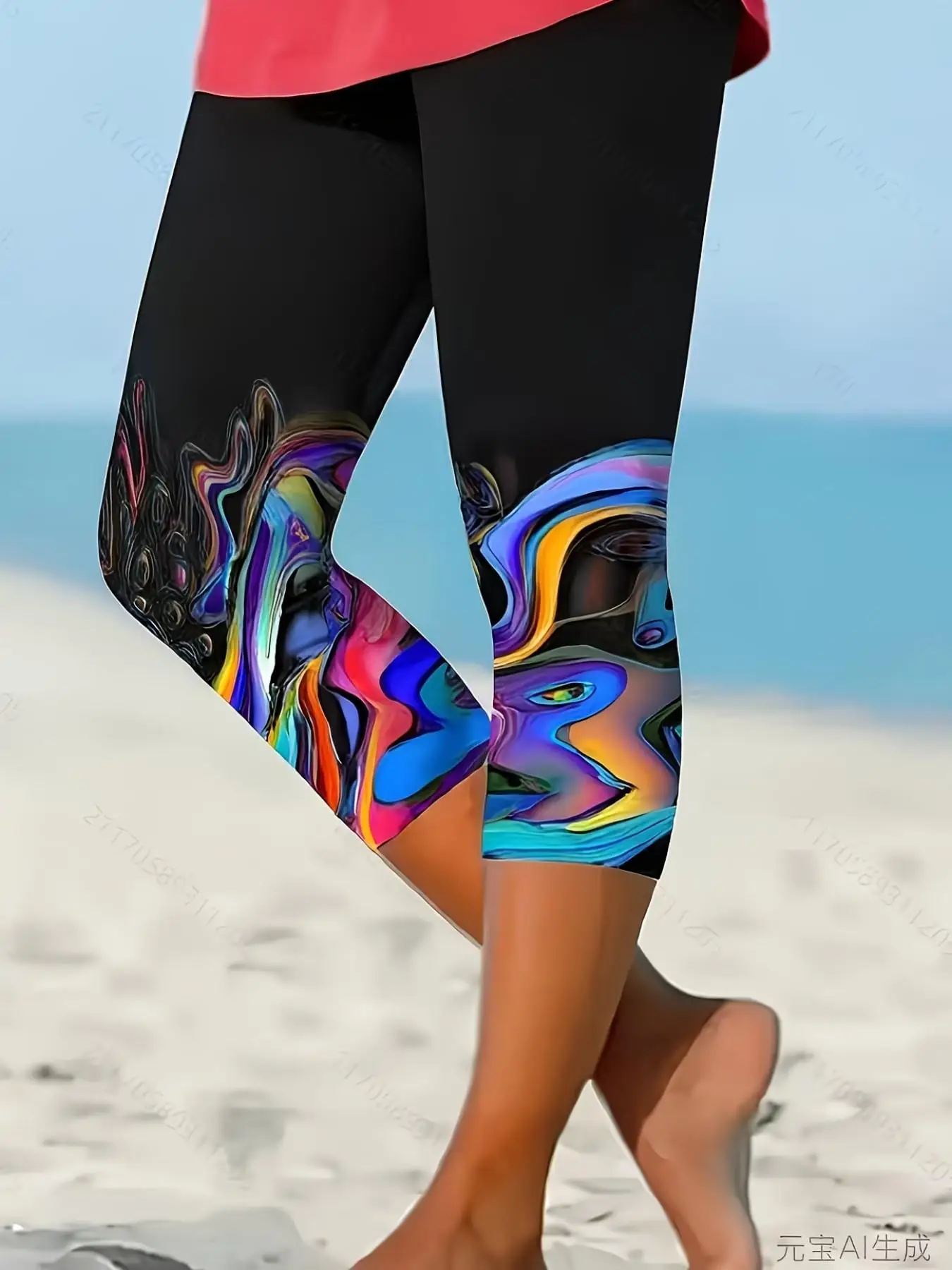 Women Vibrant Fluid Swirl Print Capri Leggings High Waist High Elastic Slim Fit Sports Casual Cropped Skinny Pants