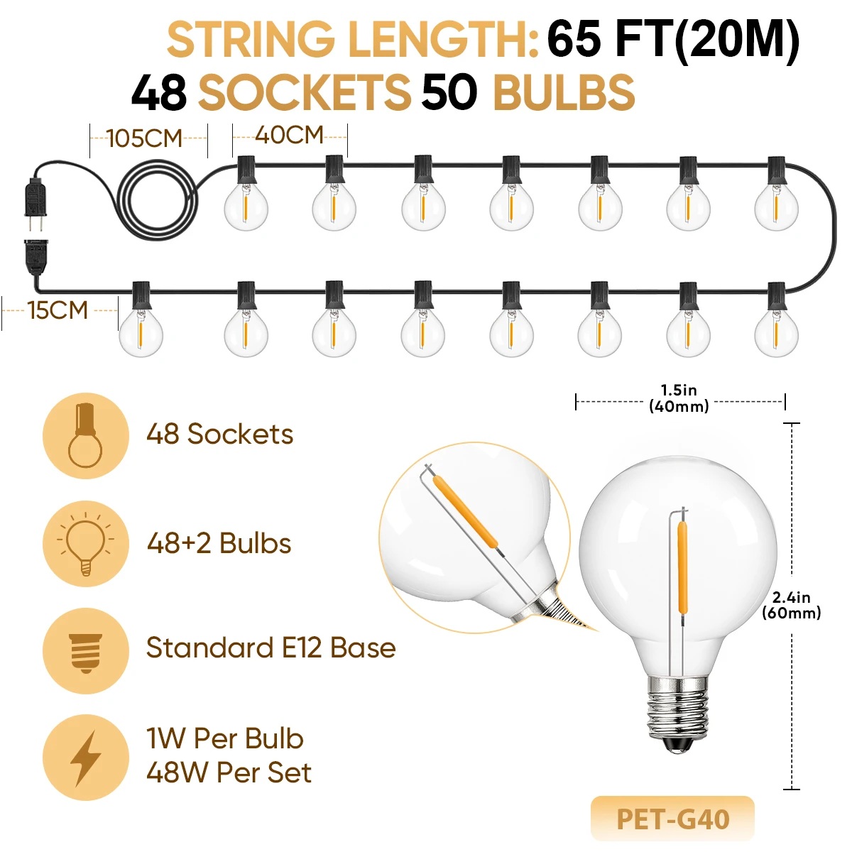 

9 шт. PET G40 String светильник 20M 110V US PLUG