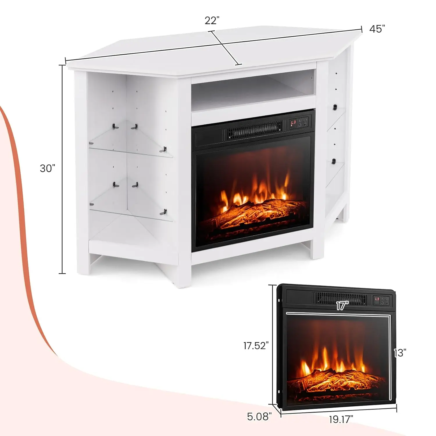 Corner Electric Fireplace TV Stand W/Heater, LED & APP Control, Adjustable Shelves Media Console For TV Up To 50