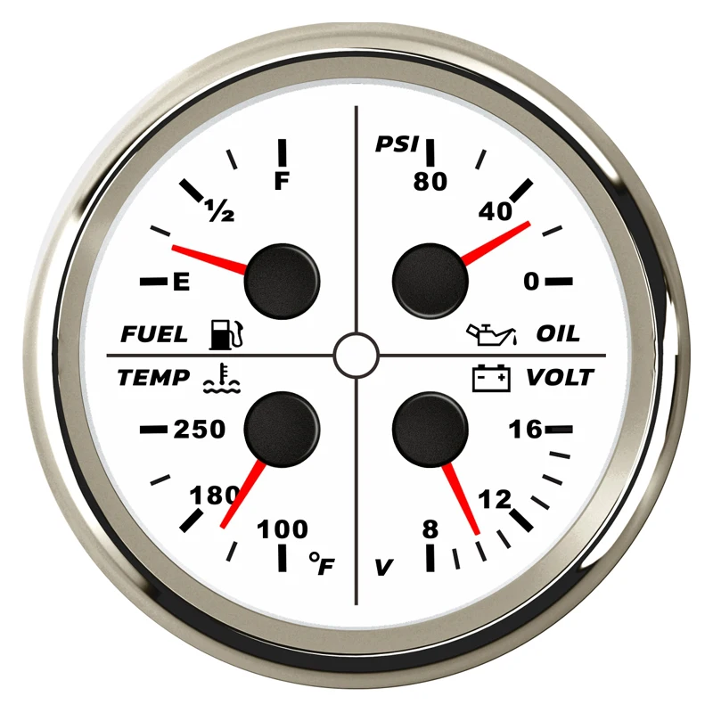 Auto 4-In-1 Multi-Function Devices 0-190ohm Fuel Gauges 8-16v Voltmeters 85mm Boat 0-80psi Oil Pressure Gauges Water Temp Meters