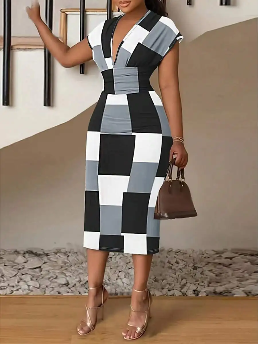 

Deep V Neck Colorblock Bodycon Midi Dress for Women, Stretchy Fit