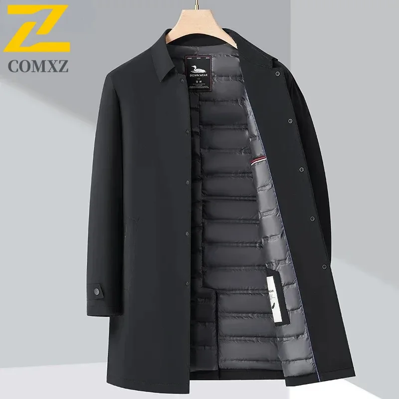 

Men's Long Down Coat with 90% White Duck Feather Filling Winter Casual Business Notched Lapel Jacket Warm Outerwear Windbreaker