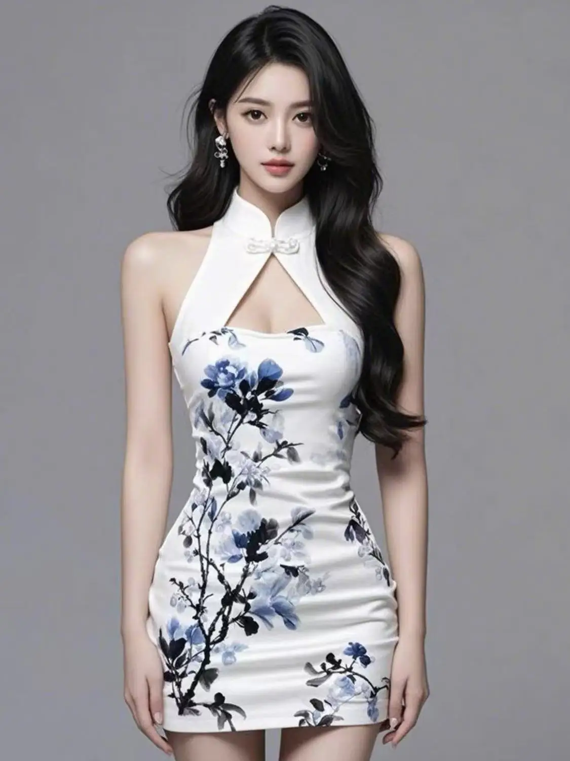 2025 abito cheongsam migliorato in stile cinese da donna scava fuori deisgn gonna qipao corta sexy stampata senza maniche dimagrante in estate