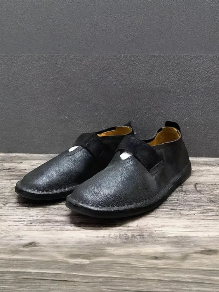 Male Retro England Style Slip On Light Genuine Leather Flat Casual Shoes Cowhide Sewing Hard-Wearing Solid Color Sneakers