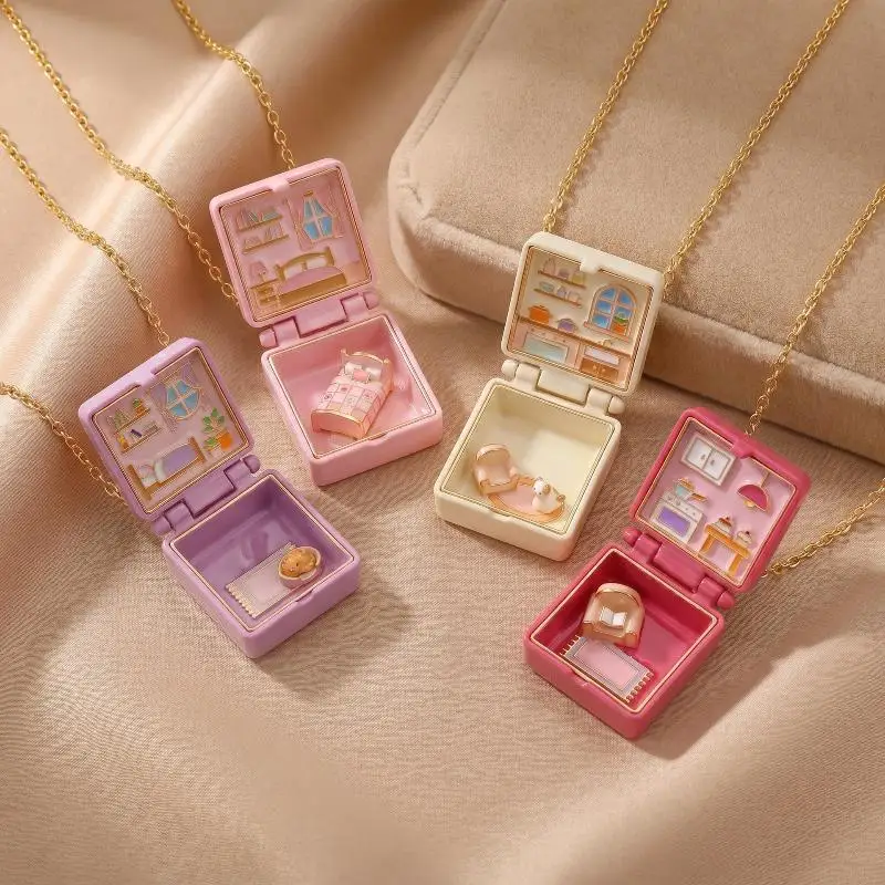 Opening And Closing Square Pendant Necklace New Bedroom Girl's Kitchen Miniature Cabin Scene Necklace Colorful Bow Necklace
