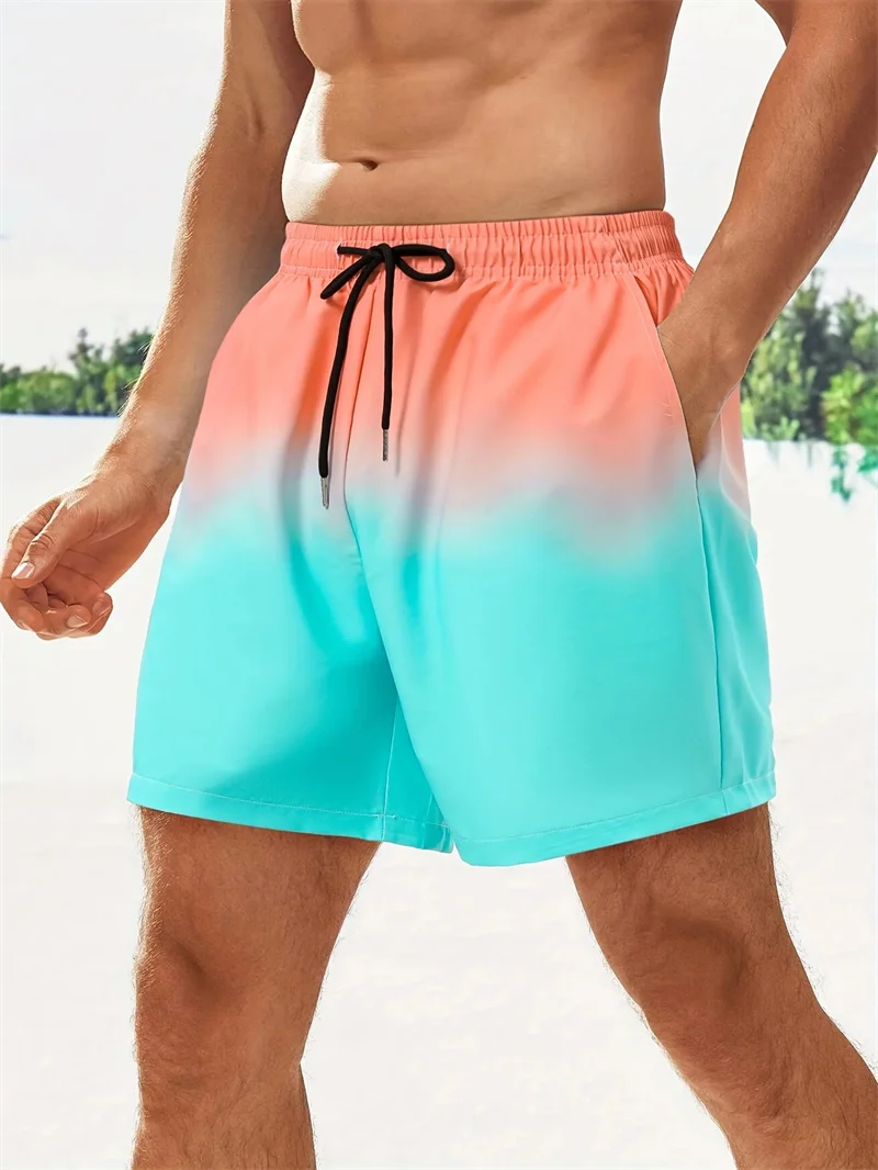 Gradient Color Men\'s Beach Shorts 3D Printed Holiday Swim Trunks Drawstring Sports Gym Plus Size Summer Loose Short Pants