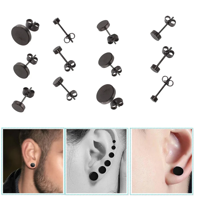 Classic Round Stud Earrings Men Stainless Steel Black/Steel/Gold Color Circle Men Earrings Jewelry Dia 3/4/5/6/8/10/12mm image 4