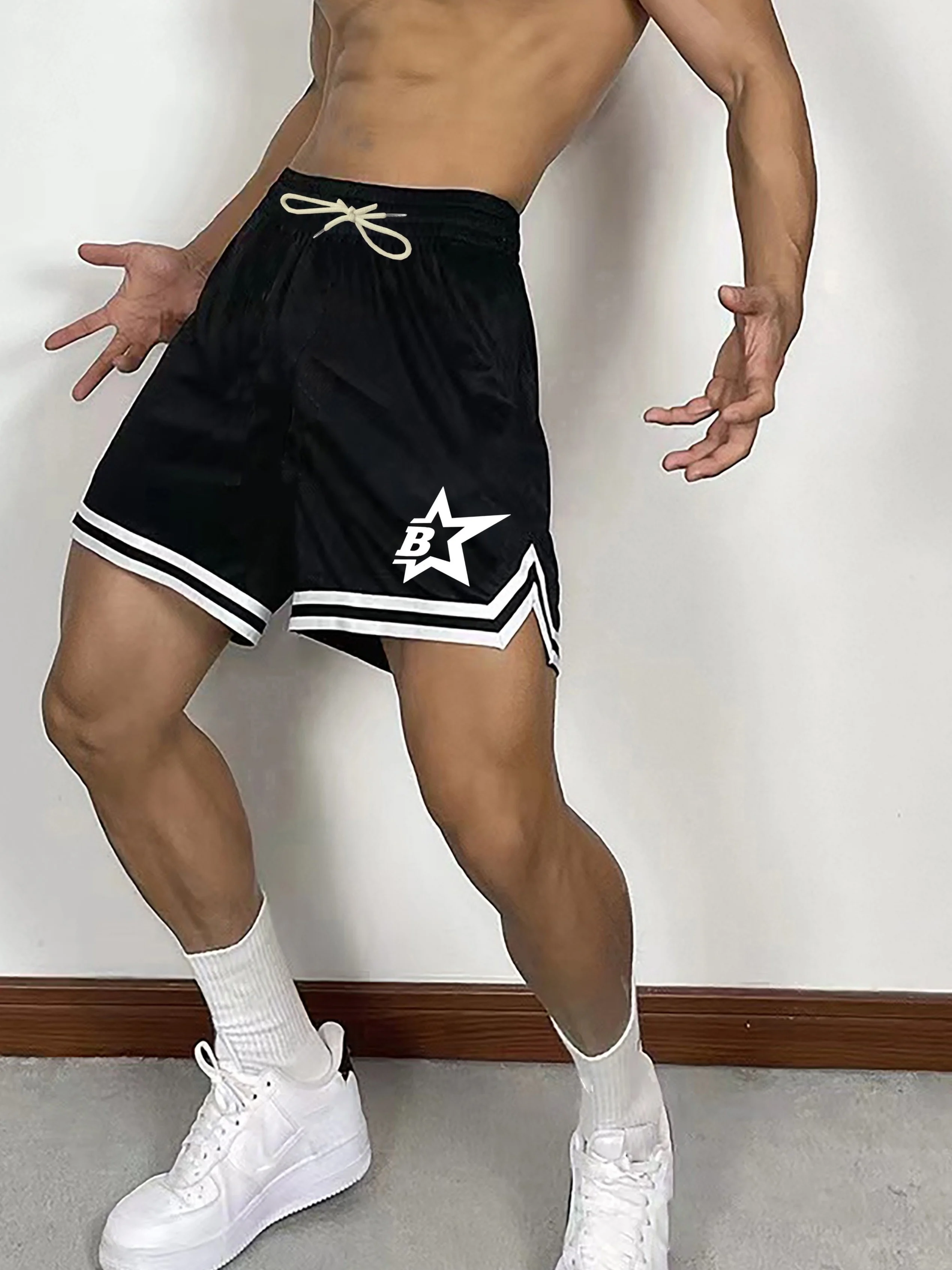 Men's Black Basketball Shorts 32 Print Loose Fit Casual Elastic Waist Sports Shorts