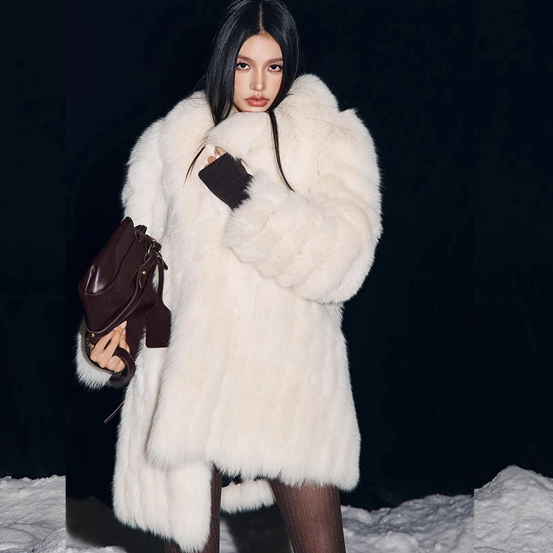 Ftangaiur Women Winter Finland Import Fox Fur Coat Long Sleeve Female Fox Coats V-Neck Loose Medium Natural Fox Fur Coats