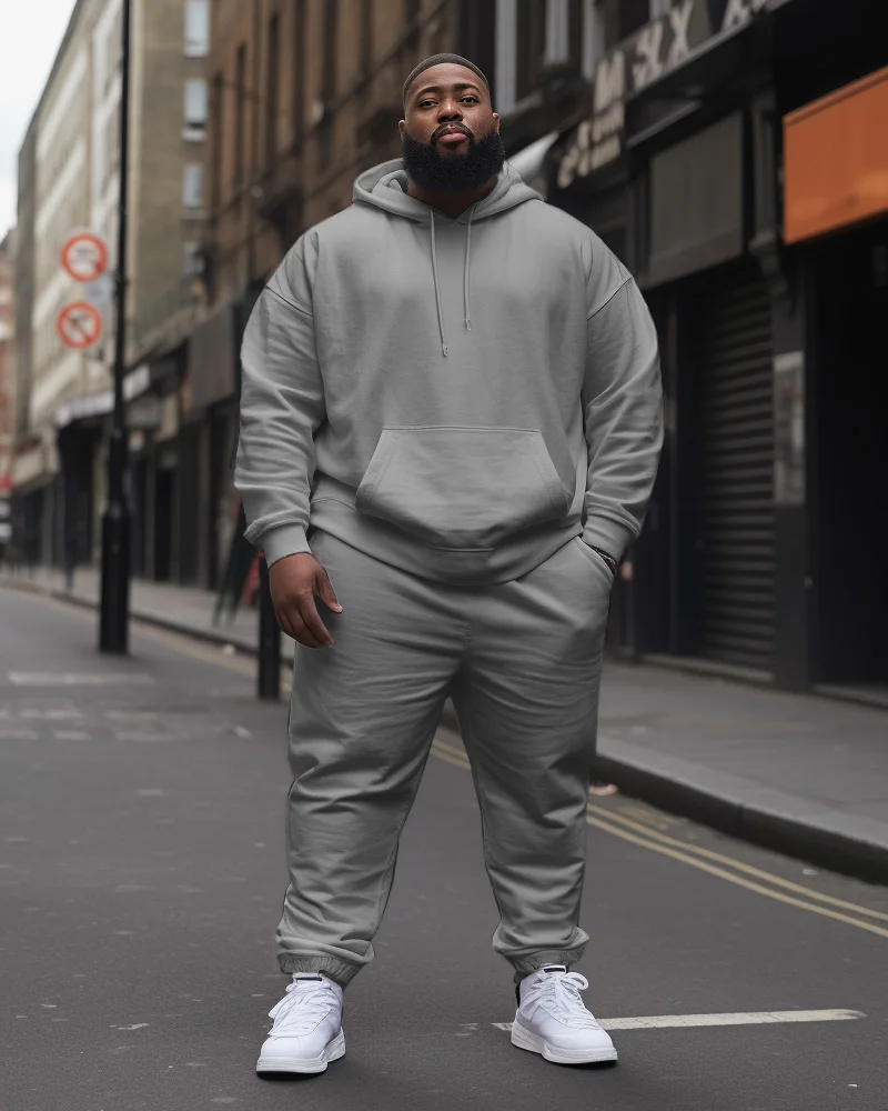 Biggmans Two Piece Hooded Sweater Sets for Men's Clothing Solid Color Large Pants Hip Hop Fashion Comfortable Big Plus Size Suit