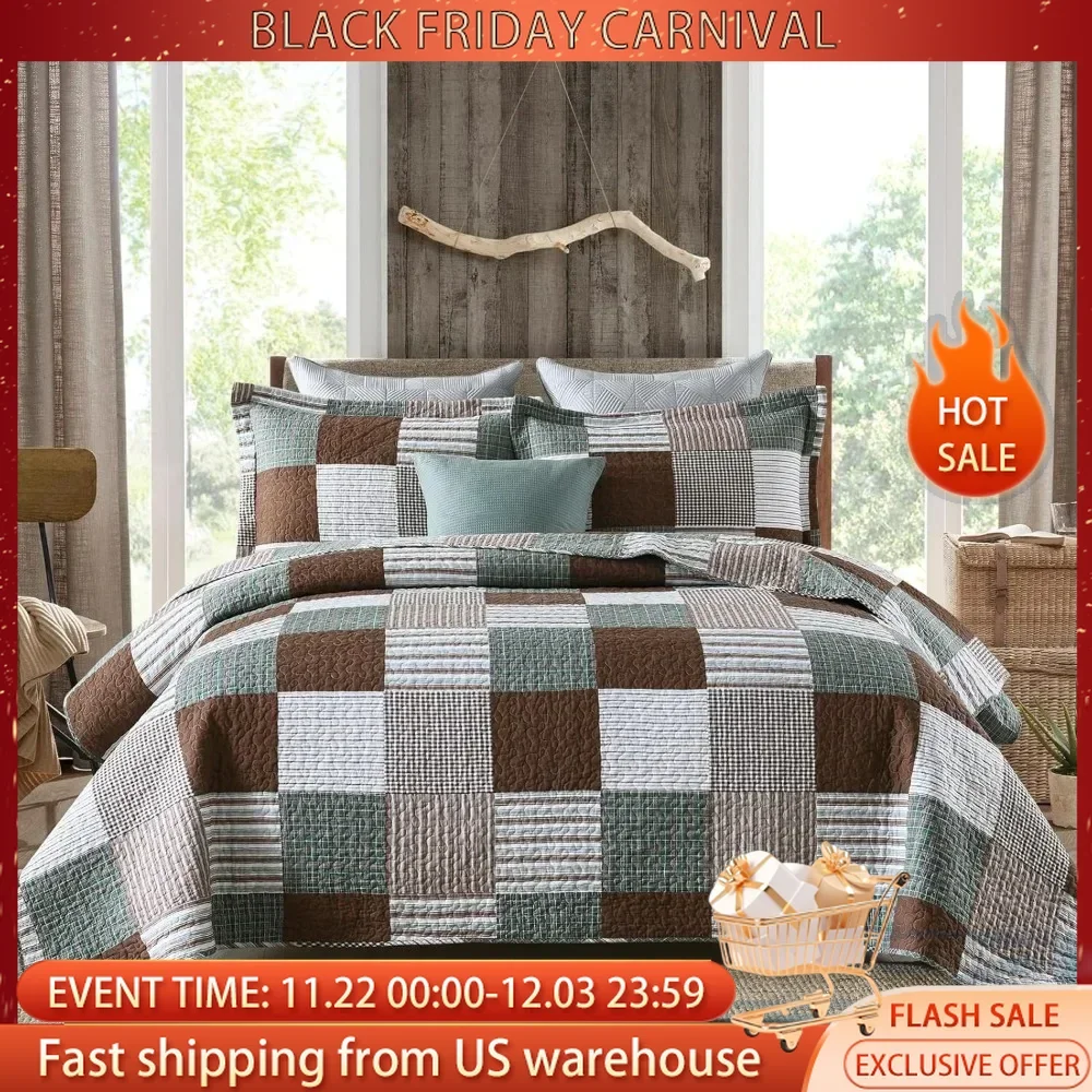 Grid Quilt Large -100% Cotton Farmhouse Large Quilt with 2 Pillowcases, Bed Sheet Bedding Set (90 * 98 Inches)