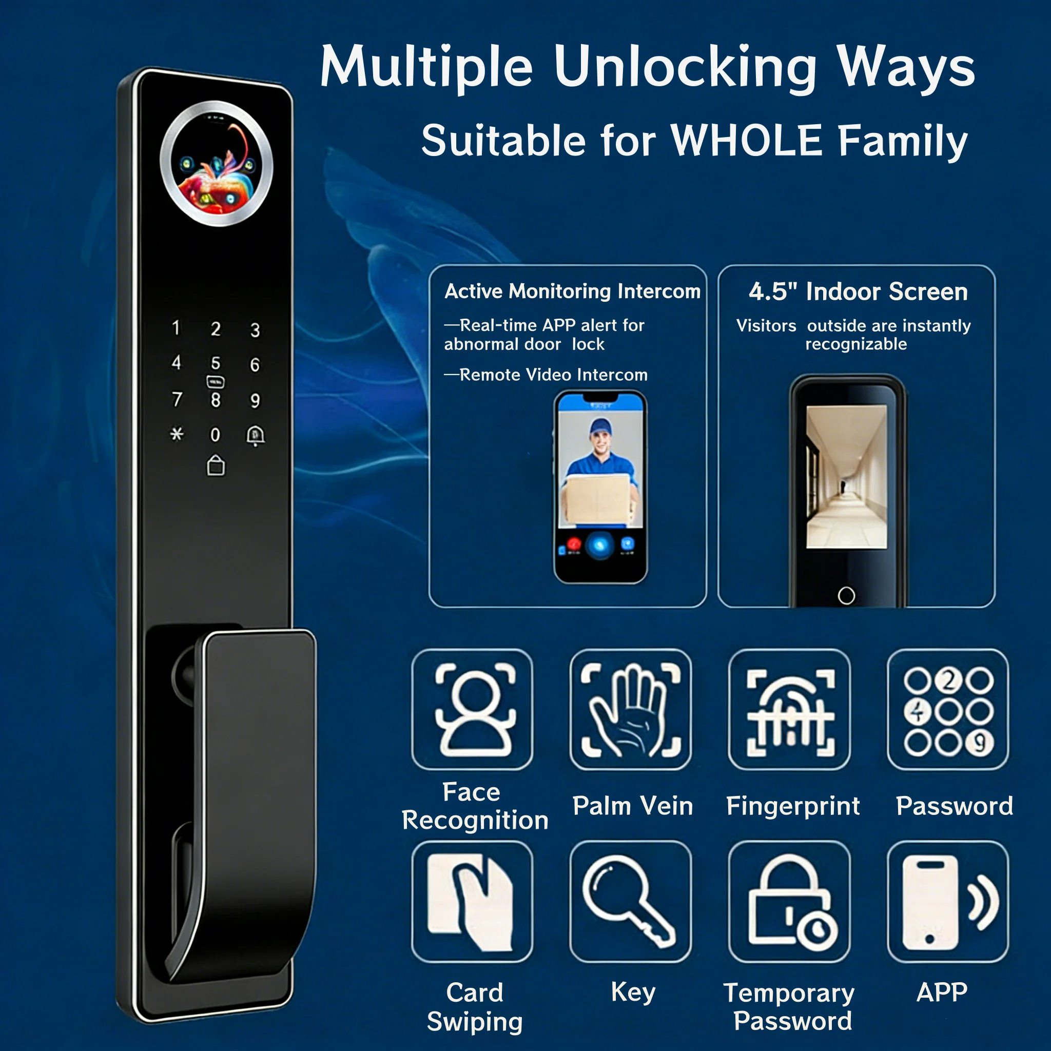 Modern Smart WiFi Aluminum Alloy Door Lock with 3D Face Recognition AI Voice Interaction Code & Key Access Camera Monitor