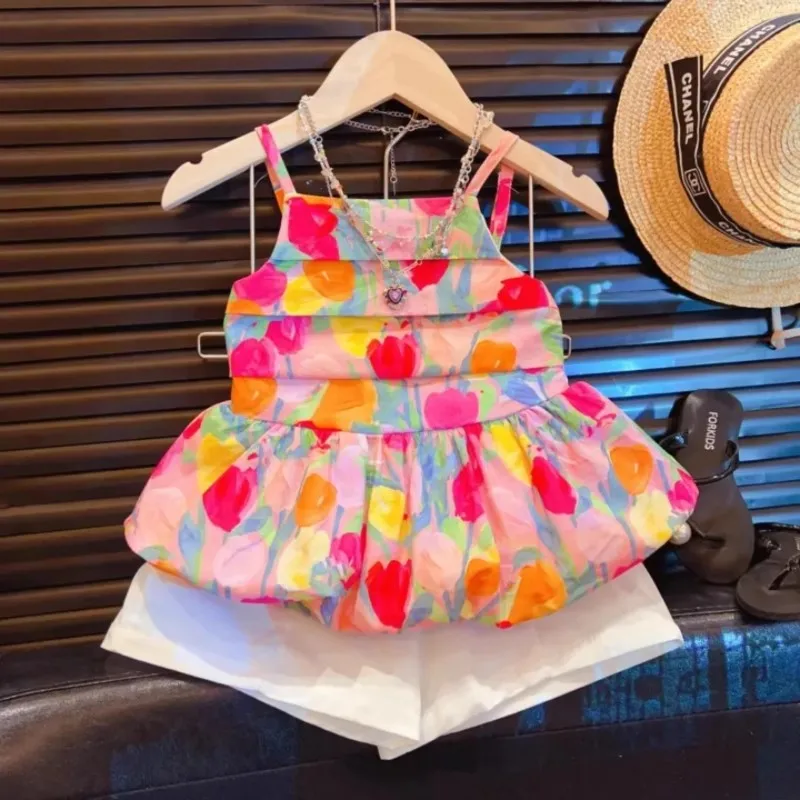 Girls Summer Floral Sleeveless Top & White Shorts Set – Ruffled Bloomer Style Outfit for Kids, Cute Kids Fashion
