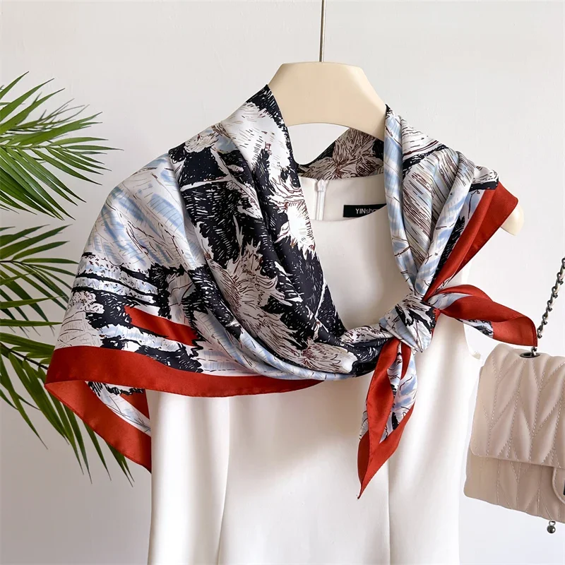 

New 90cm Abstract Plants Print Square Silk Feeling Twill Scarf Women Spring Hair Band Hijab Foulard Neckerchief Shawl Wraps 2025