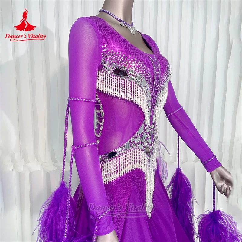 Femmes danse de salon plume d'autruche manches longues robes personnalisé adulte valse Foxtrot gracieux concours vêtements danseur vitalité