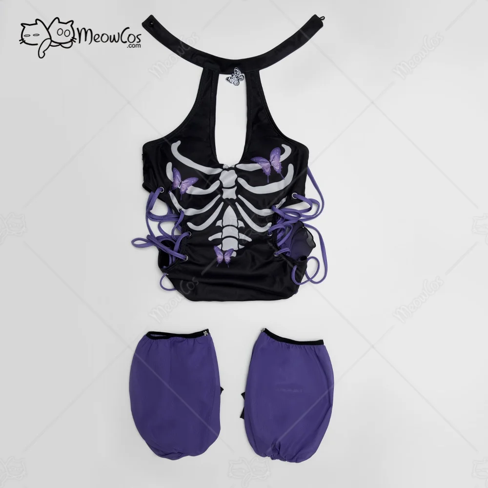 MEOWCOS Women Wings of Summer Gothic Black Purple Skull Butterfly Print Bathing Suit One-Piece Swimsuit with Sleeves