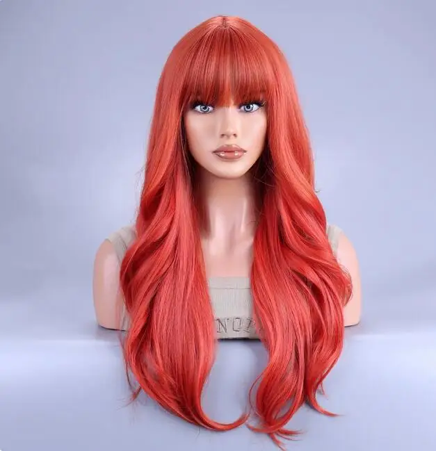 Synthetic Long Wave Red Wig with Bangs Natural Heat Resistant Curly Fake Hair for Women Daily Cosplay Lolita Wig