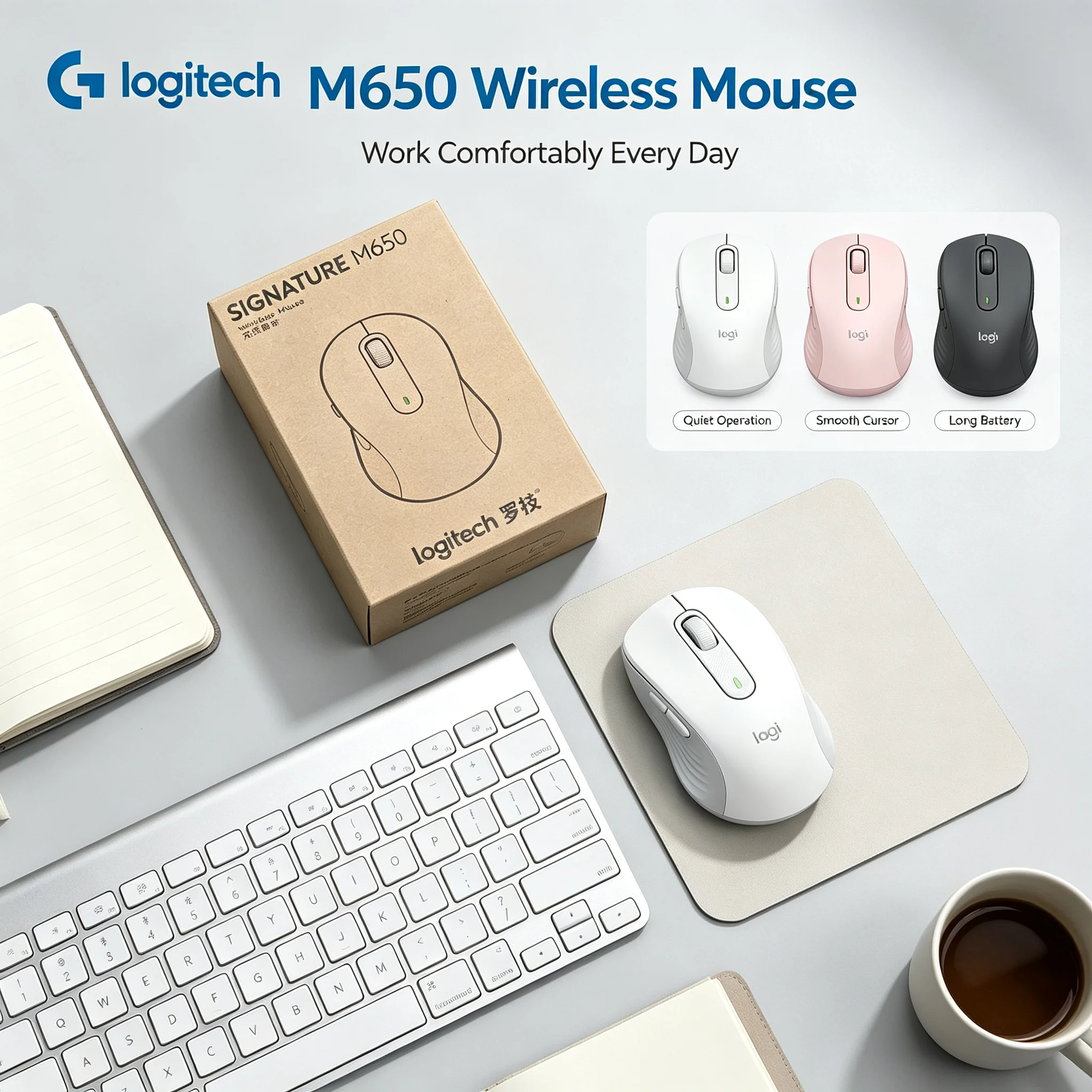 Logitech M650 Ergonomic Wireless Mouse Low‑Noise Clicks 2.4G USB Receiver Bluetooth Mice for Home Business Office