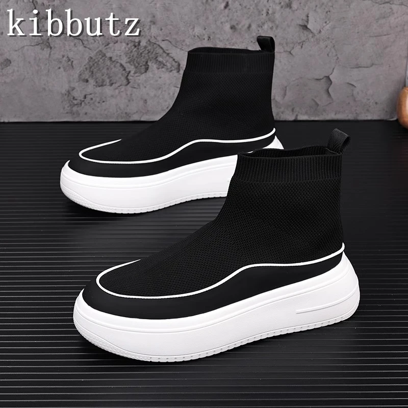 Summer Breathable Woven Mesh Sock Boots High Top Shoes Men Brand New Slip On Casual Board Shoes Thick Sole Ankle Boots