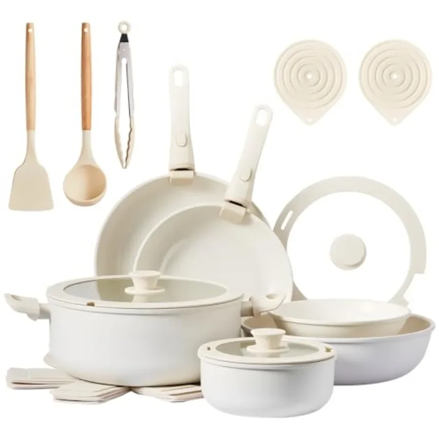 RV kitchen cooking set: nonstick cast aluminum pots and pans, 22 pcs, detachable handles, dishwasher safe, PFAS/PFOA/PFOS free