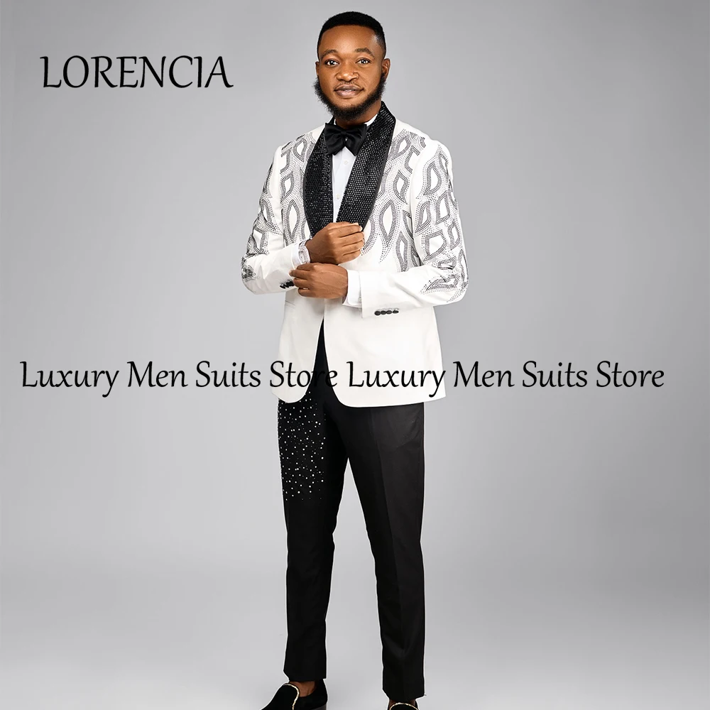 

Slim Fit Shawl Collar Suits for Male 2 Pieces Crystal Wedding Evening Party Outfits Customized Blazer Pants roupas masculinas