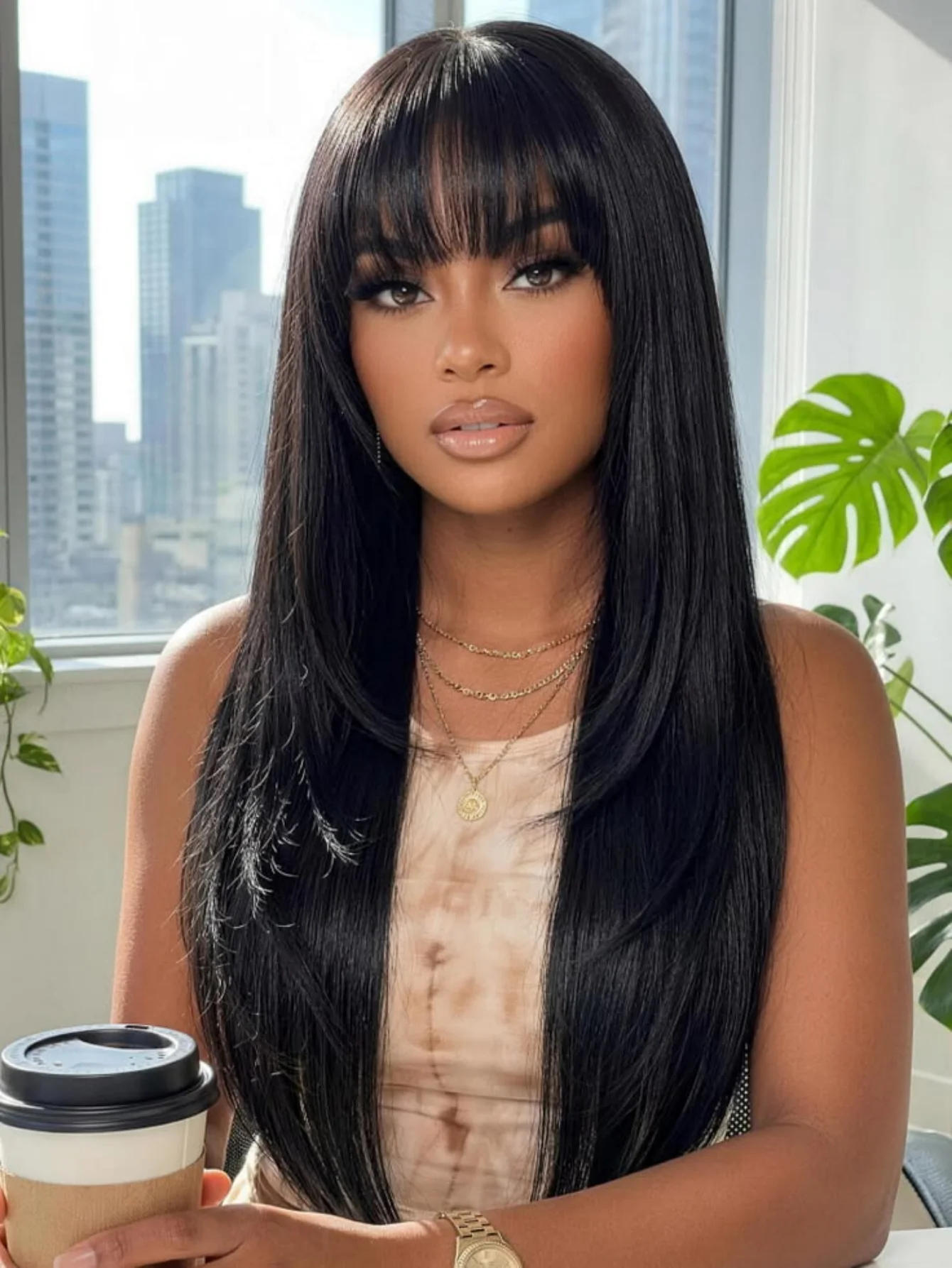 

Glueless Straight Human Hair Wigs With Bangs Full Machine Made Wigs For Women Daily Use Malaysia Hair Straight Wig 150 Density