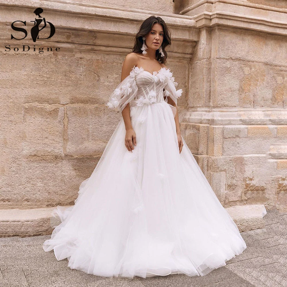 

SoDigne Exquisite Bride Dresses Off The Shoulder 3D Flower Pleat Corset Wedding Dresses Boho A Line Tulle Bridal Gown