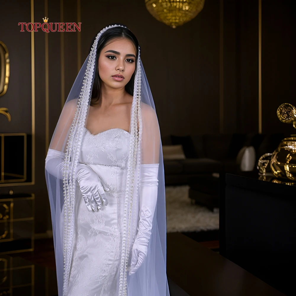 TOPQUEEN V159 New Bridal Veil Luxurious Pearl Wide-brimmed Veil Extra Long Royal Wedding Veil 5 Meters High Quality Romantic