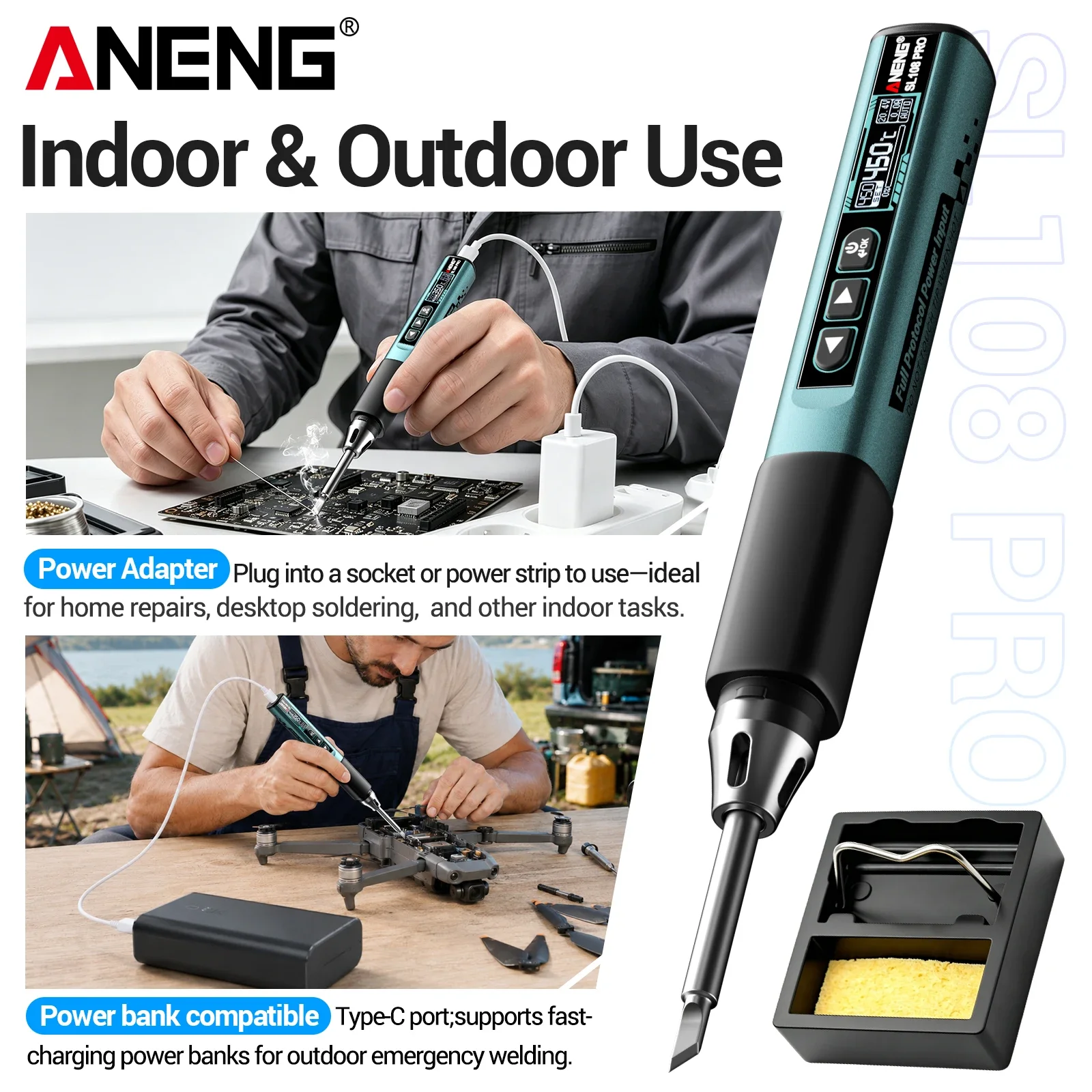 ANENG SL108 PRO T12 Soldering Iron OLED 100W Type‑C 100‑450℃ Auto Sleep Portable Precision Welding Tool Electronics DIY Repair