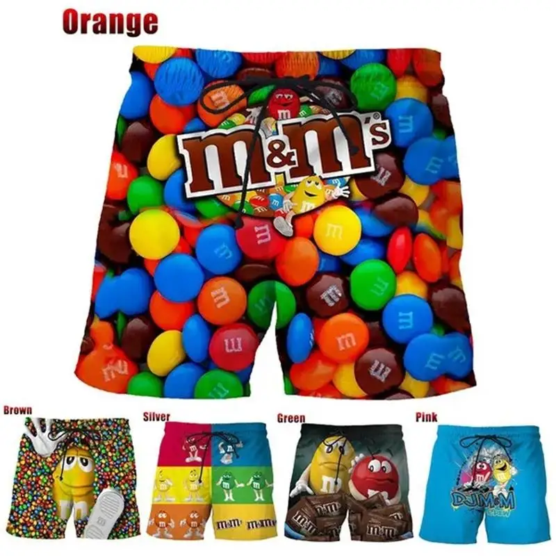 M & M's Shorts de praia com feijão chocolate, shorts de banho estampados em 3D, maiô masculino, calção infantil legal, engraçado