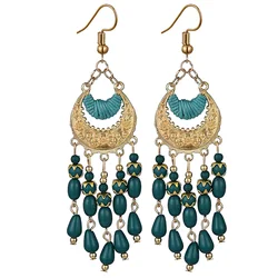 Vintage Ethnic Long Tassels Drop Earring For Women Retro Carving Seed Beads Dangle Earrings Femme Party Vacation Boho Jewlery