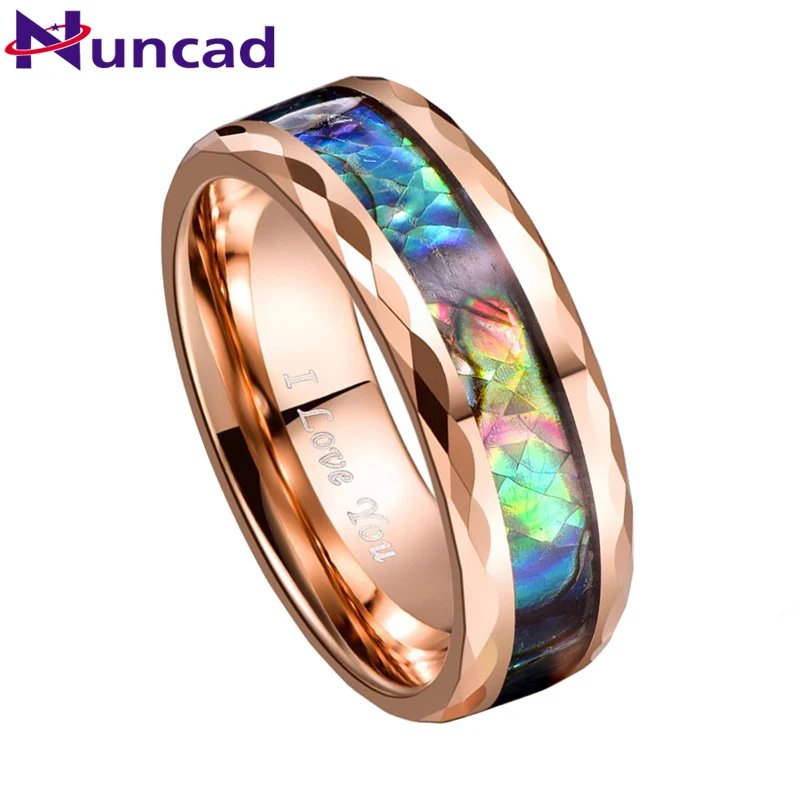 

NUNCAD Tungsten Carbide Ring 8MM Width 2.3MM Thick Plating Rose Gold Batch Flower Inlaid Abalone Shell Tungsten Steel Ring