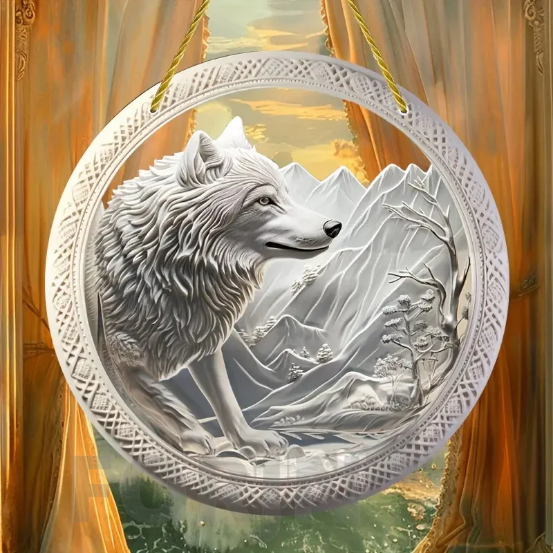 Wolf Suncatcher,round Acrylic Translucent Stained Window Hanging, Holiday Gift,Office,Garden,Club,Man Cave,Spooky Home Decor