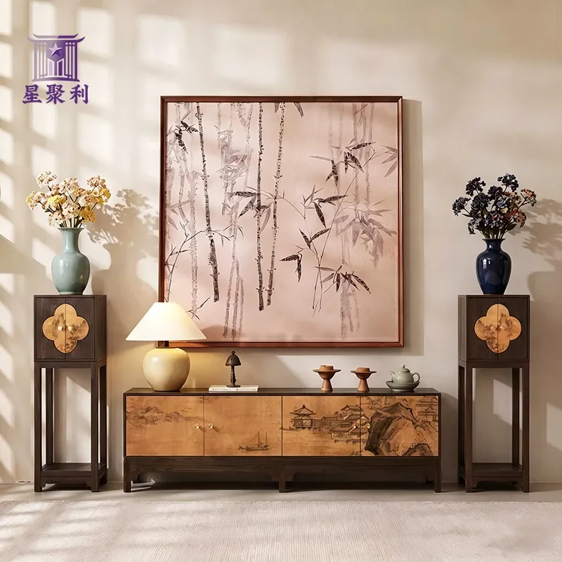 Song Style Solid Wood TV Cabinet Yellow Background Ancient Landscape Hall Cabinet Floor Cabinet Living Room Flower Stand